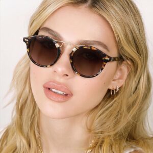 CARFIA Small Face Acetate Polarized Sunglasses for Women UV Protection, Retro Double Bridge Eyewears Metal Brow Round Sunnies 4. Tortoise Frame Gradient Brown Lens Small Face Frame Width 138mm