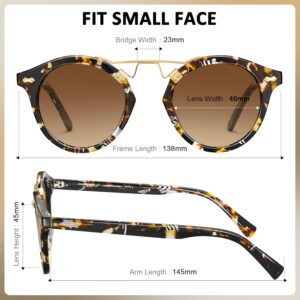 CARFIA Small Face Acetate Polarized Sunglasses for Women UV Protection, Retro Double Bridge Eyewears Metal Brow Round Sunnies 4. Tortoise Frame Gradient Brown Lens Small Face Frame Width 138mm