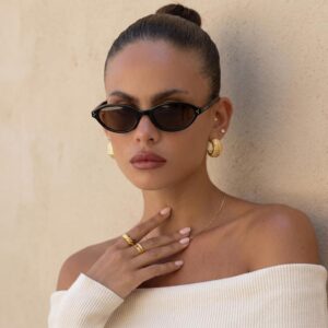 COASION Polarized Retro Oval Cat Eye Sunglasses for Women, Trendy Y2K 90s Narrow Sunnies, Small Frame UV400 Protection Shades Black Frame / Brown Lens 51 Millimeters
