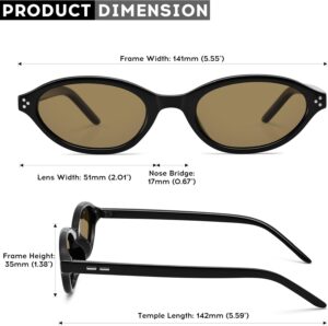 COASION Polarized Retro Oval Cat Eye Sunglasses for Women, Trendy Y2K 90s Narrow Sunnies, Small Frame UV400 Protection Shades Black Frame / Brown Lens 51 Millimeters