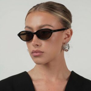 COASION Polarized Retro Oval Cat Eye Sunglasses for Women, Trendy Y2K 90s Narrow Sunnies, Small Frame UV400 Protection Shades Black Frame / Brown Lens 51 Millimeters