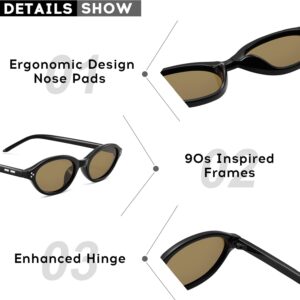 COASION Polarized Retro Oval Cat Eye Sunglasses for Women, Trendy Y2K 90s Narrow Sunnies, Small Frame UV400 Protection Shades Black Frame / Brown Lens 51 Millimeters
